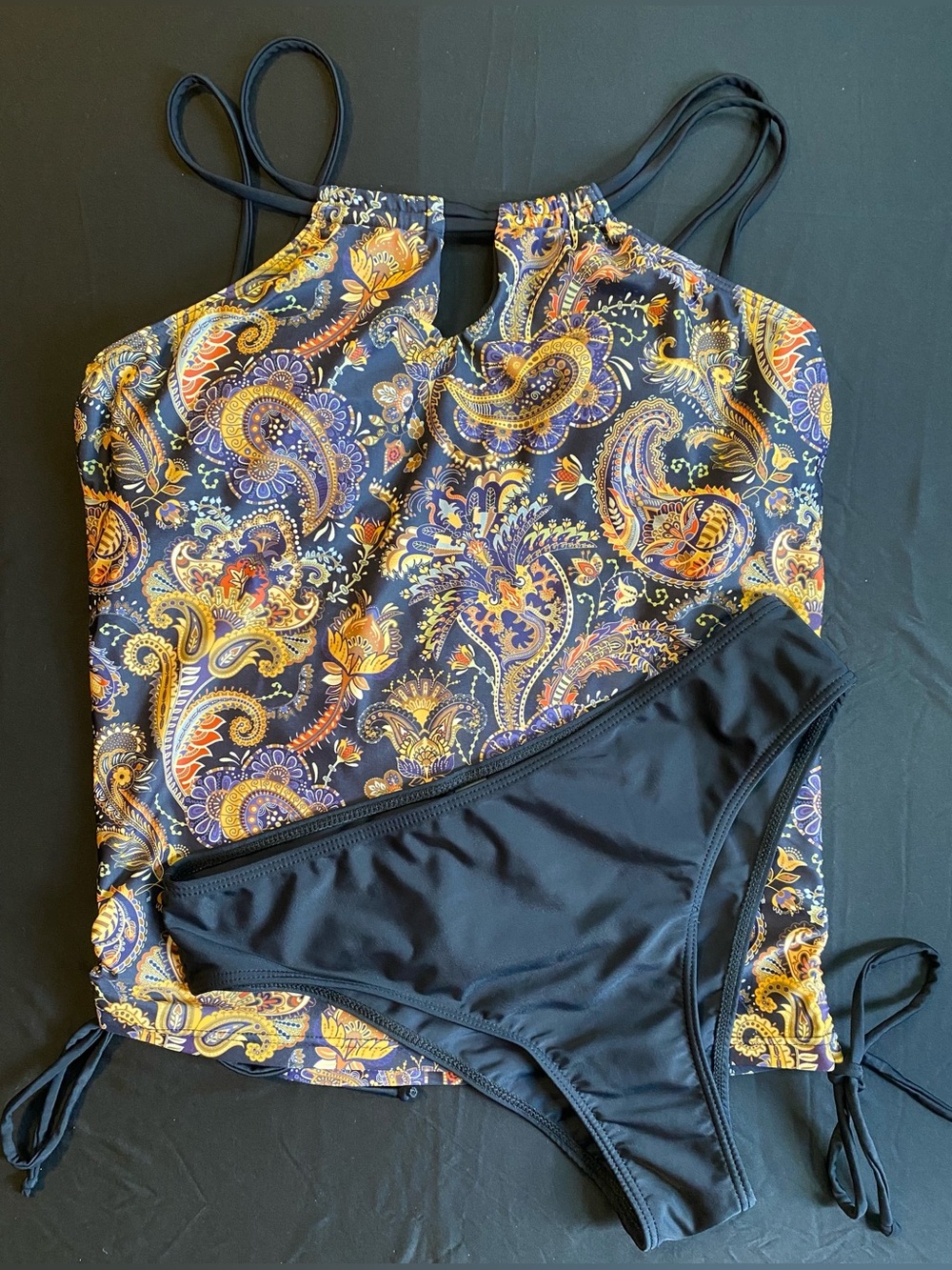 Paisley Print High Neck Tankini Top with Black Bikini Bottom